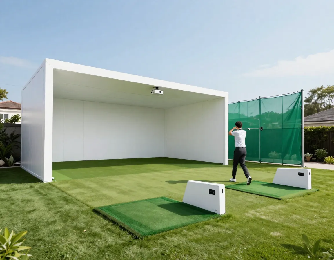 Spacious backyard golf simulator setup with launch monitor and side barriers