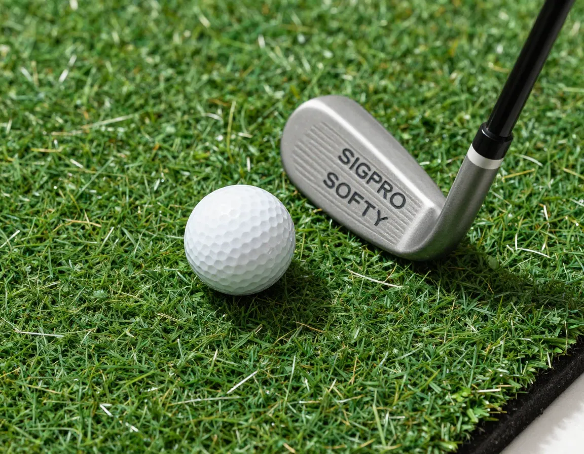 Close up of sigpro softy golf mat with a golf ball and iron
