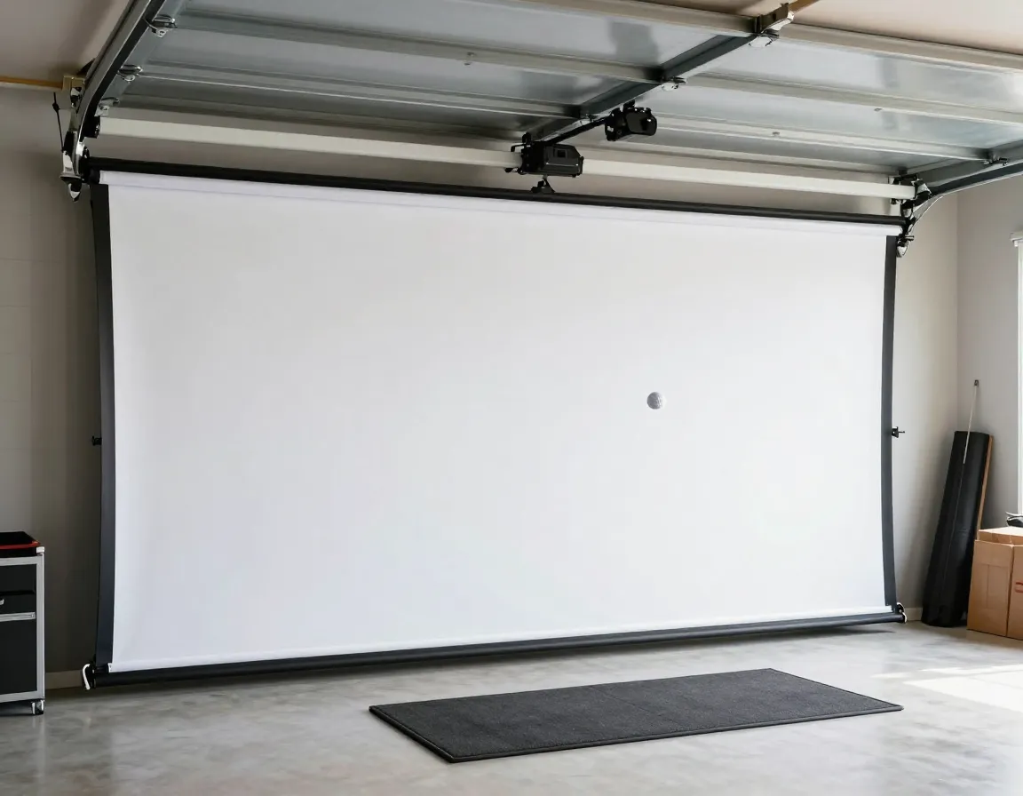 Durable white impact screen mounted in a garage with retractable design