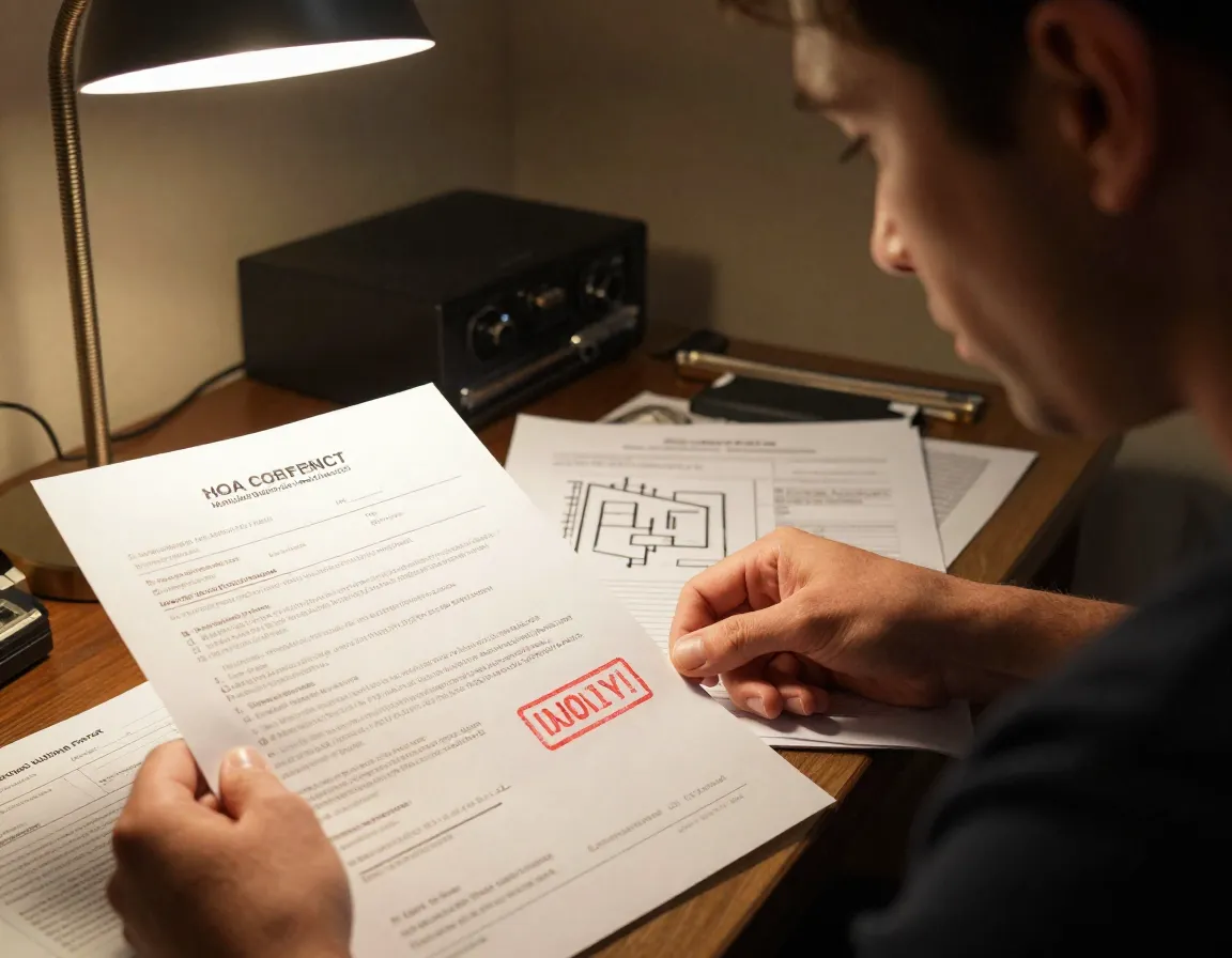 Homeowner reviewing hoa documents for golf simulator enclosure permit