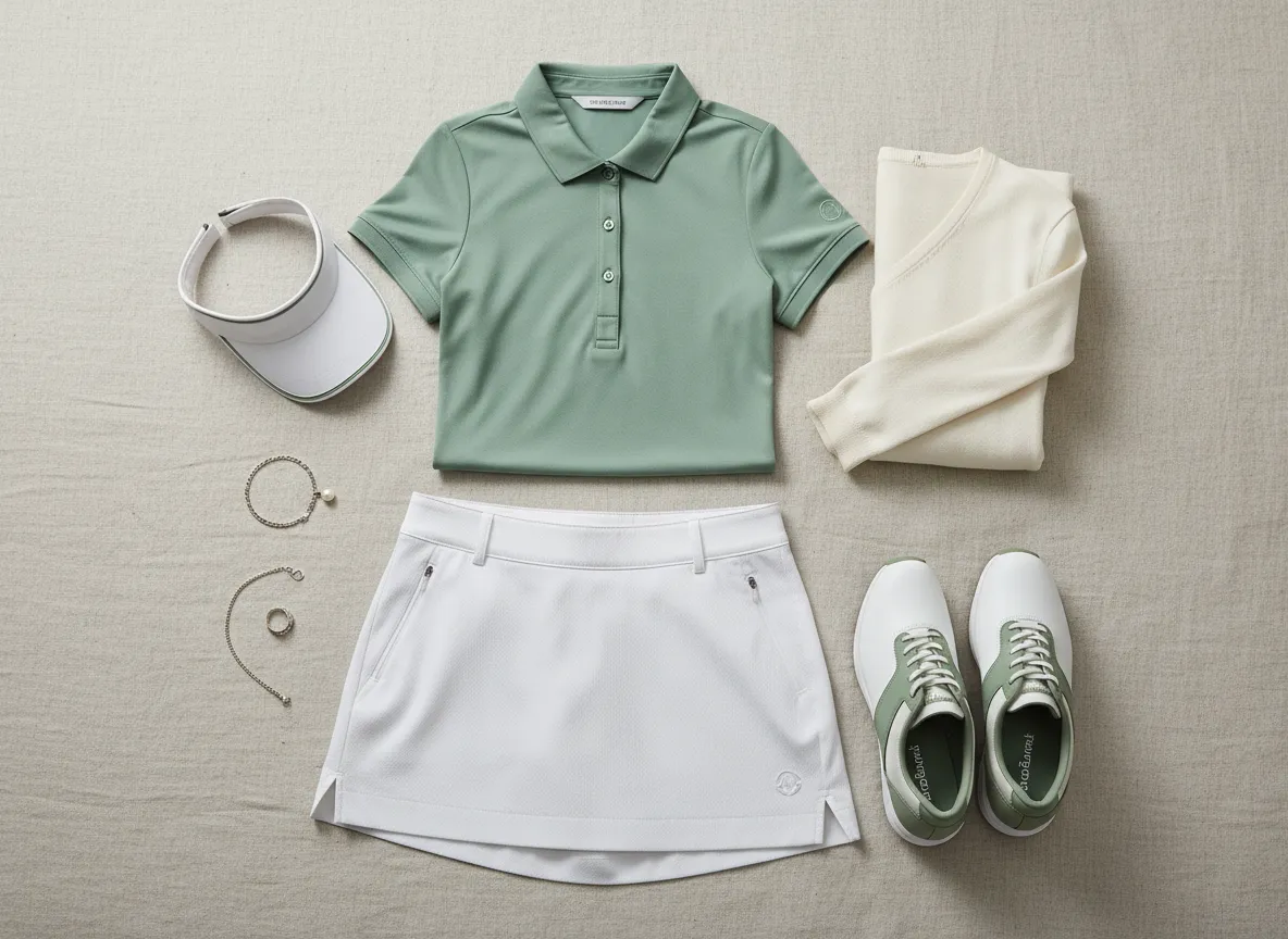 Sage performance polo and white skort outfit