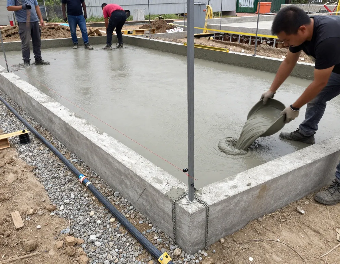 Concrete foundation installation for a permanent outdoor golf simulator enclosure