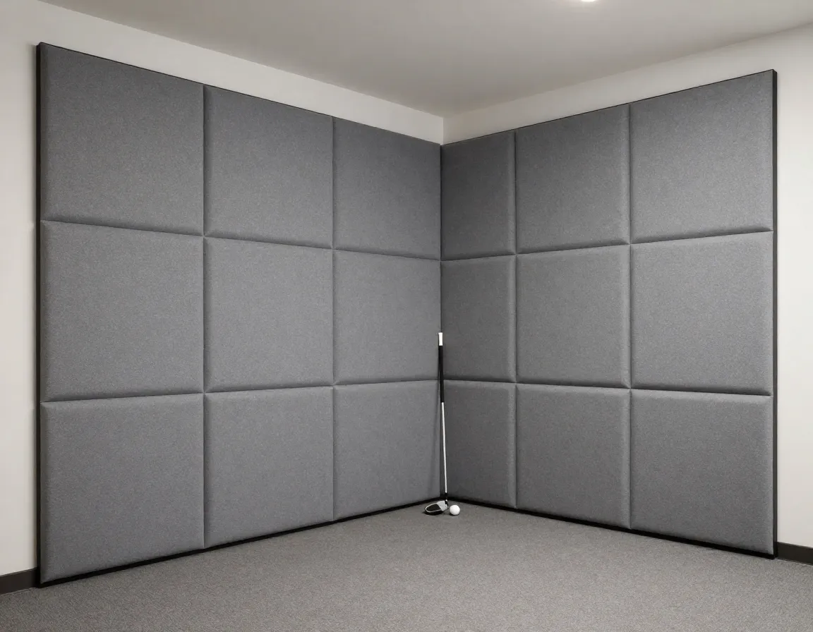 Professional gray wall padding panels installed in indoor golf room