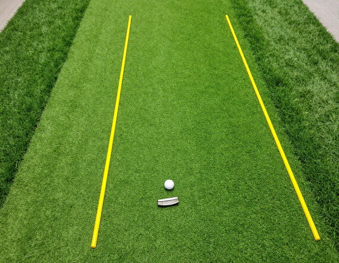 Artificial putting green with alignment sticks and ball on surface