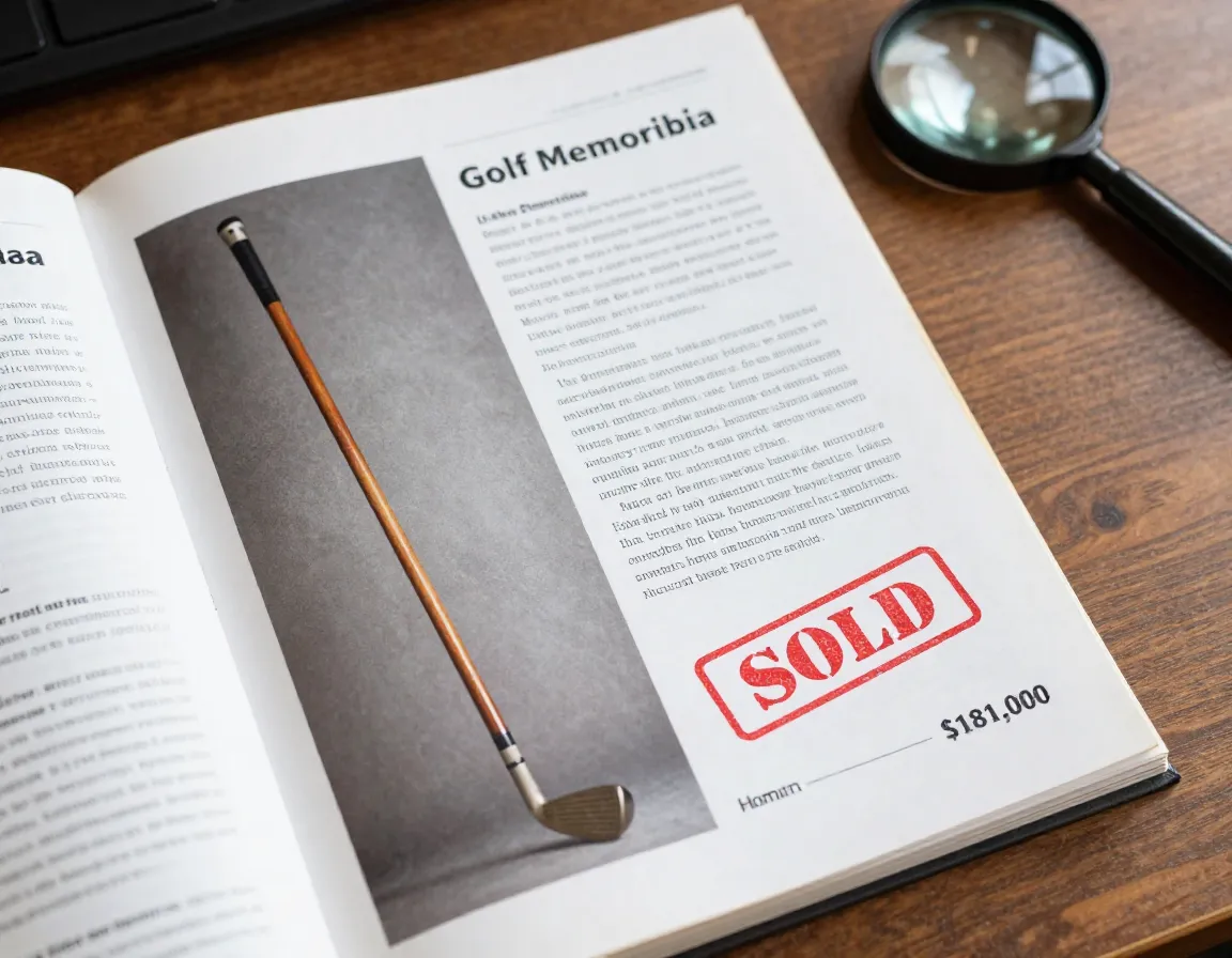 Auction catalog page featuring a sold antique golf club