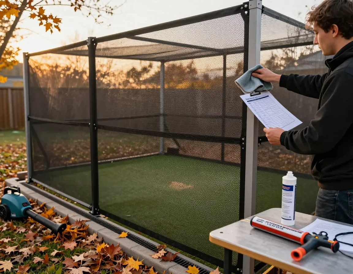 Seasonal maintenance of an outdoor golf simulator enclosure in autumn