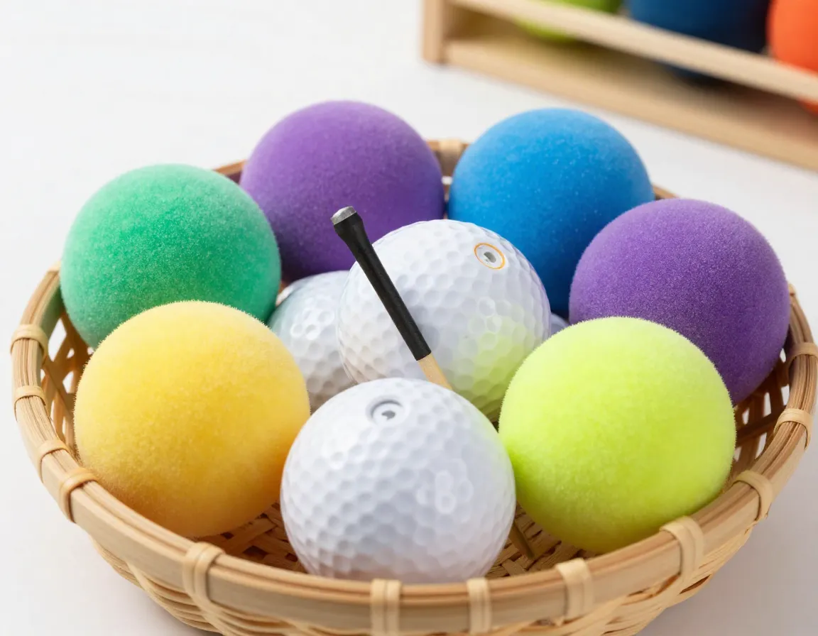 Assortment of foam practice balls and limited flight balls in basket