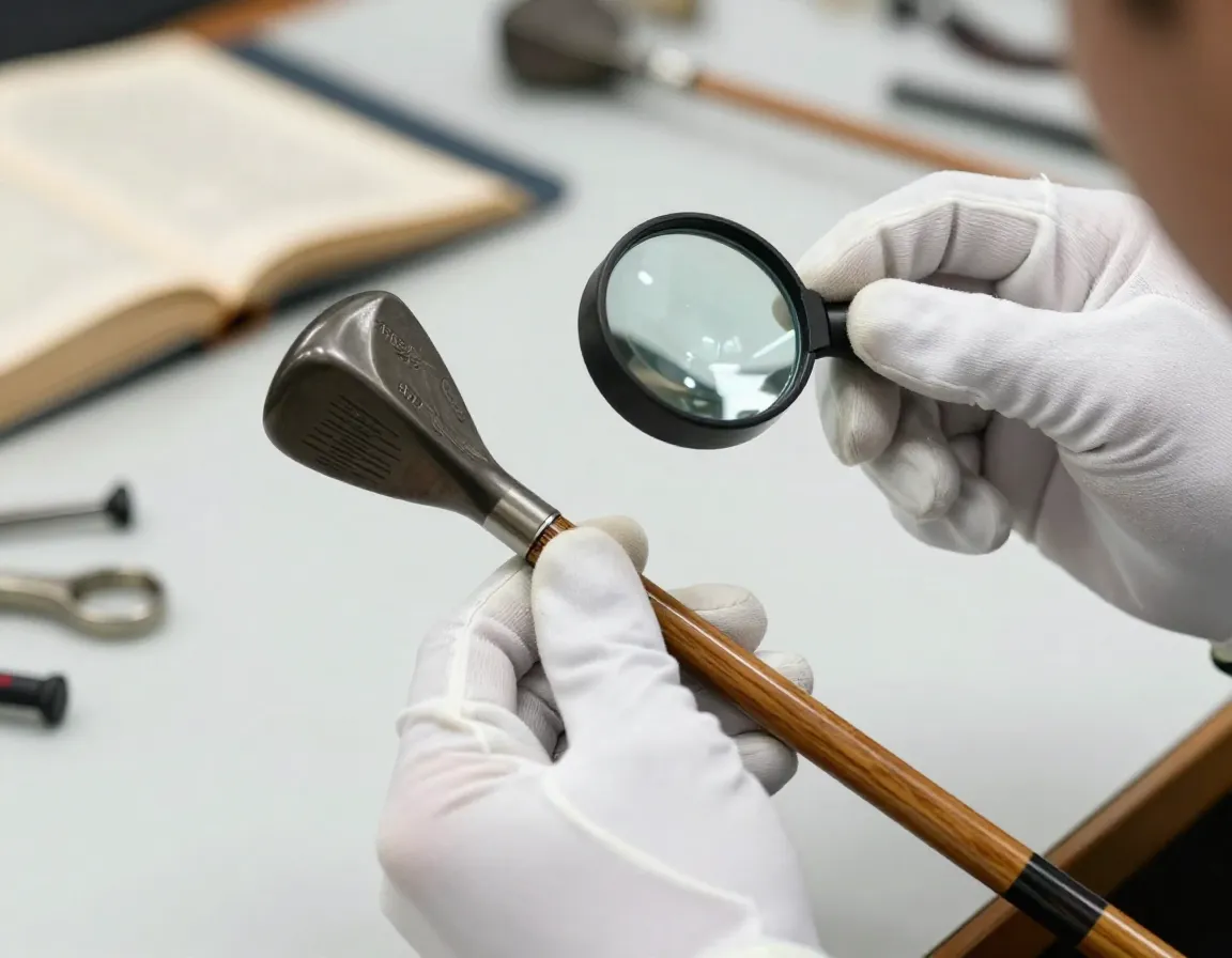 Expert hands inspecting an antique golf club with loupe