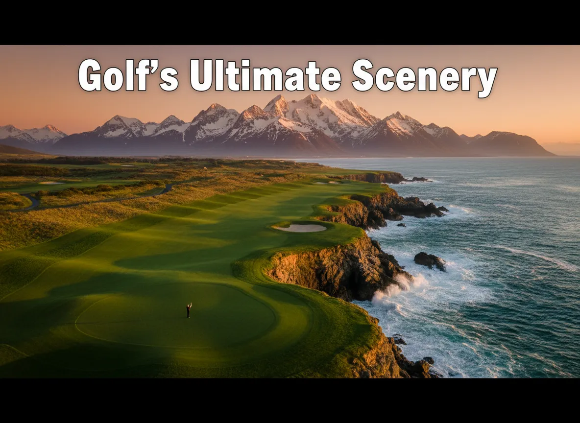 Emerald fairway cliffside ocean mountain golfer silhouette aerial view