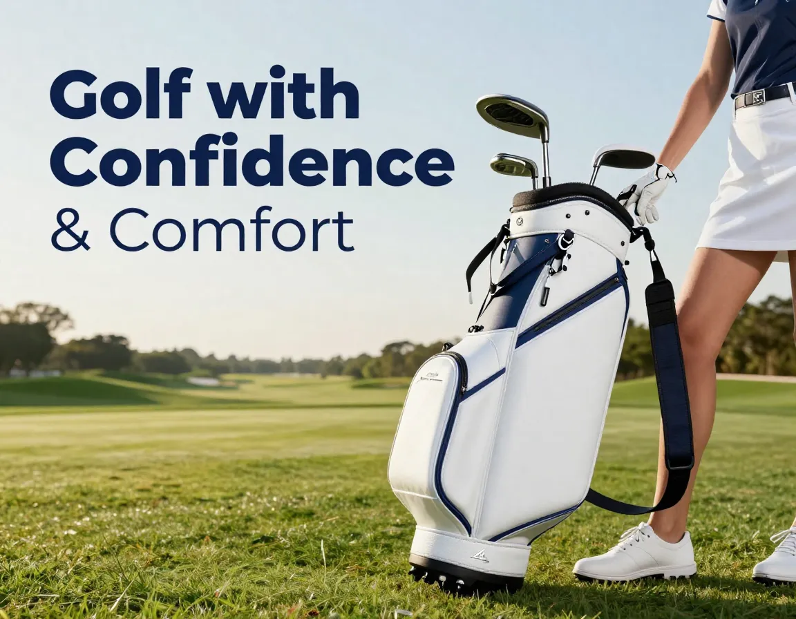 Womans golf bag glove shoe hat on sunlit fairway ready