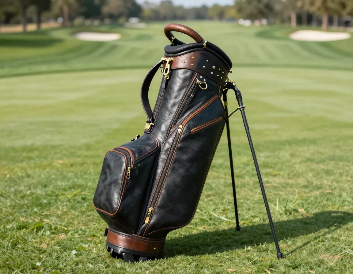 Jones heritage trouper onyx kodiak vegan leather bag on golf fairway