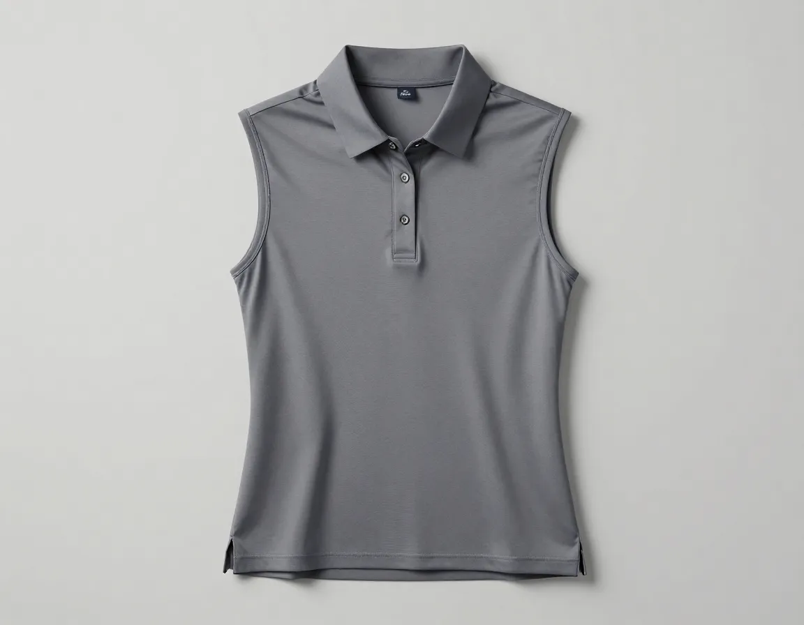 A sleeveless upf 50 performance polo shirt with 4 way stretch fabric