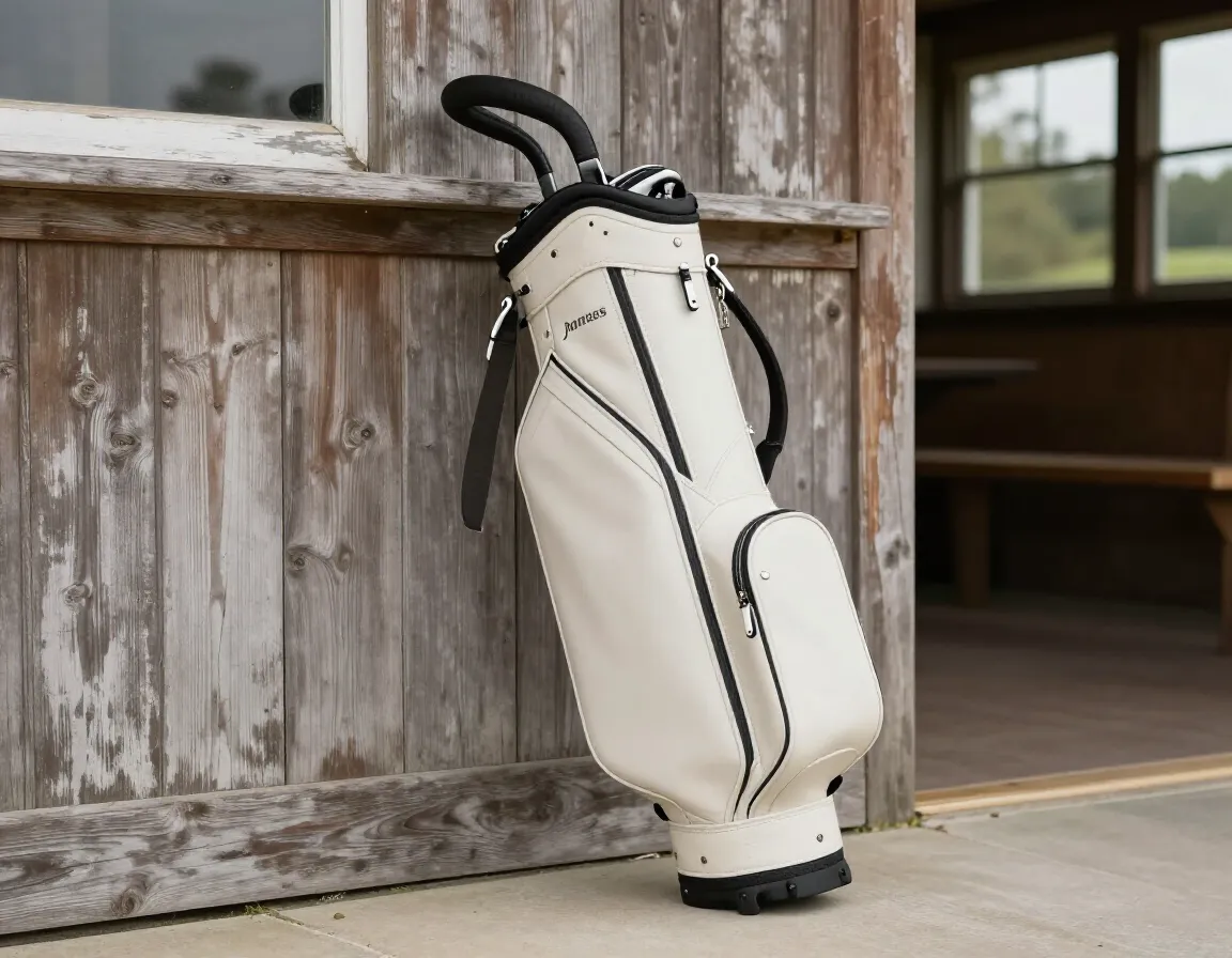 Minimalist jones rover stand bag leaning against vintage clubhouse