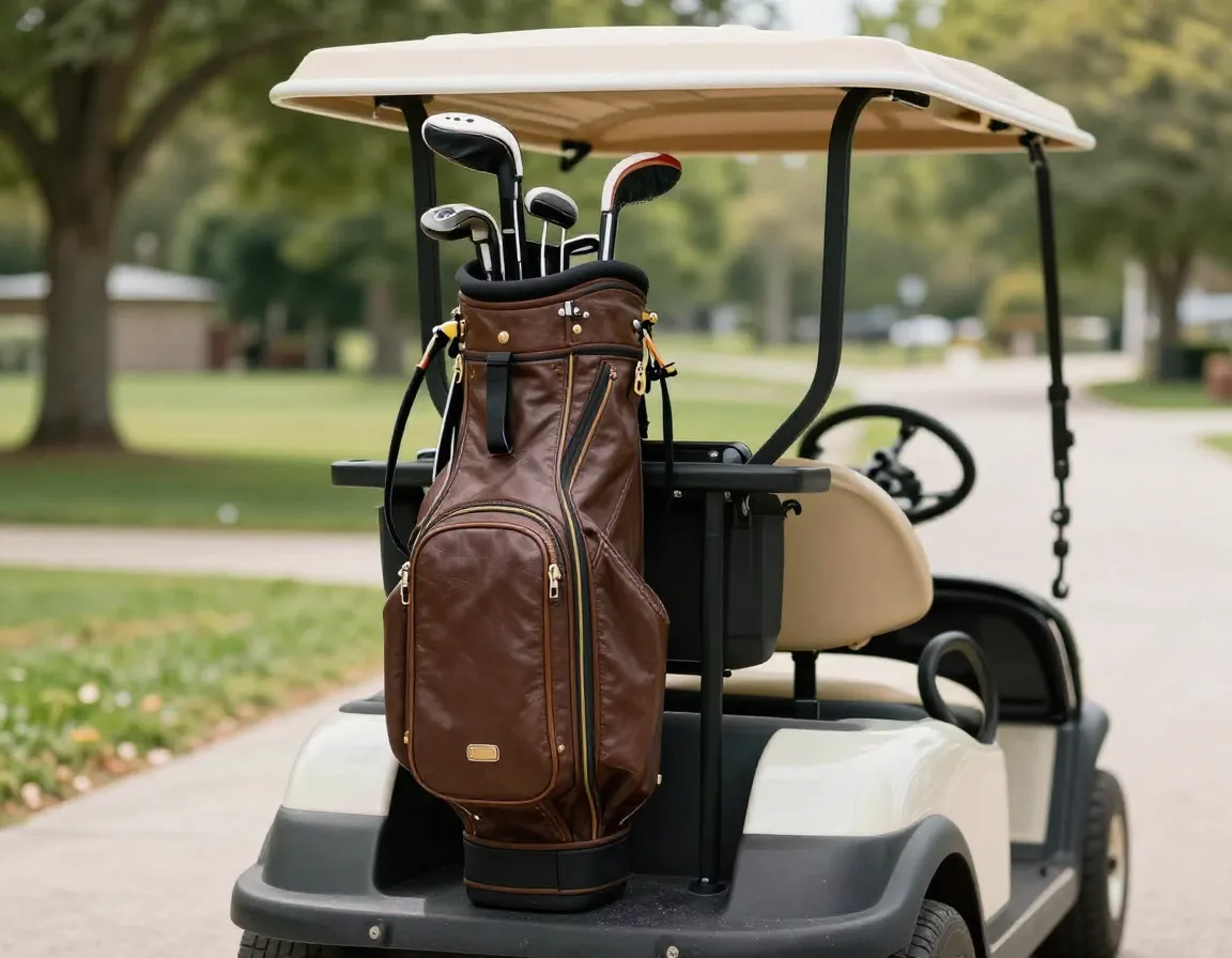 Heritage inspired cart bag on golf cart vintage aesthetic