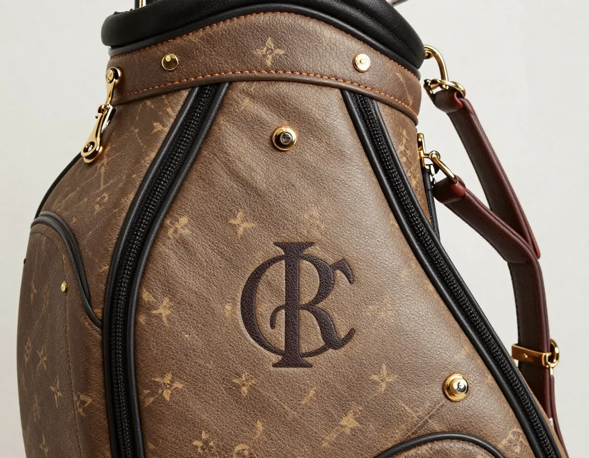 Custom monogrammed vintage style golf bag bespoke personalization detail