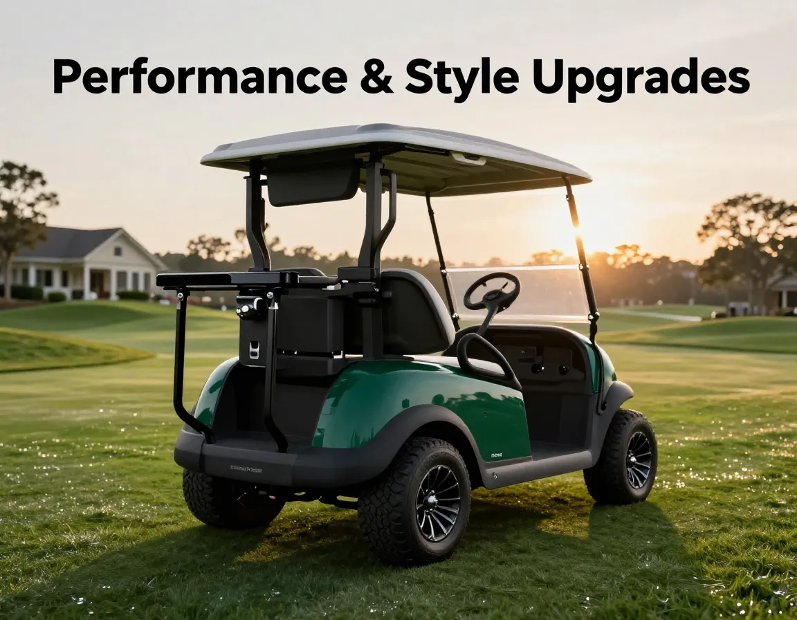 Upgraded evolution golf cart on fairway with accessories at dusk