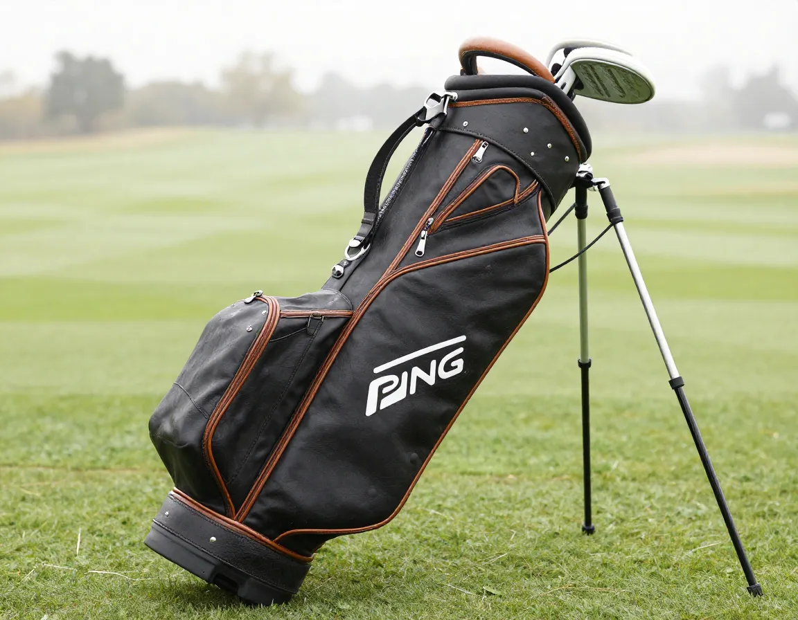 1975 ping tour staff bag with leather trim on practice tee