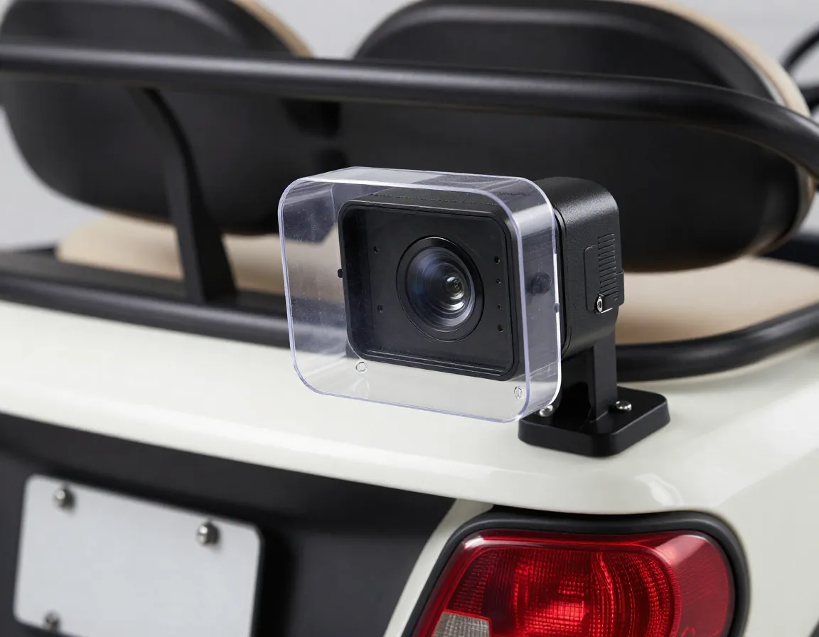 Backup camera system on golf cart with protective weather shield