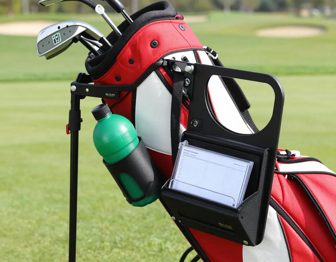 Custom golf bag attachment with sand bottle and scorecard holder