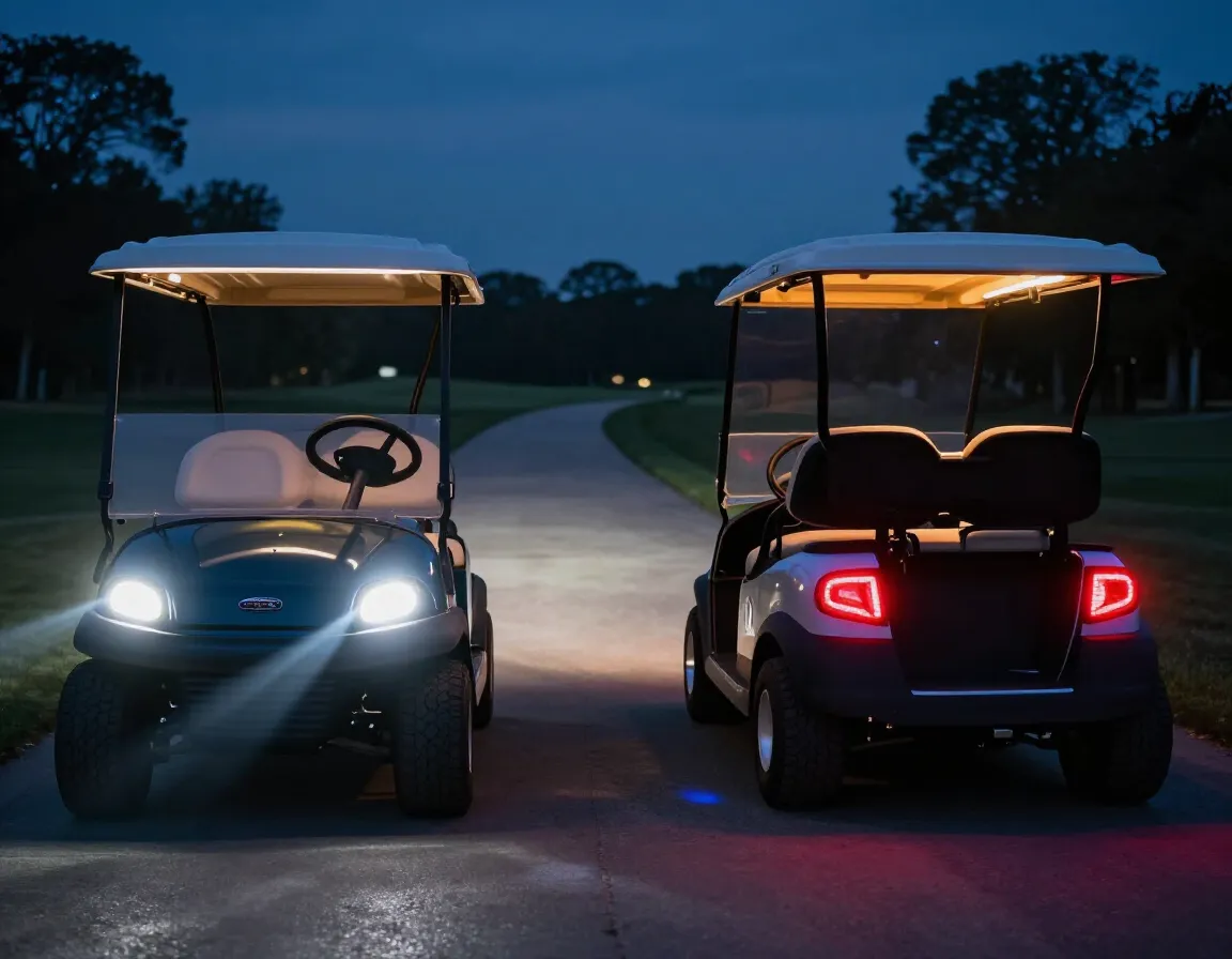 Led headlight and taillight system illuminating a dusk golf path