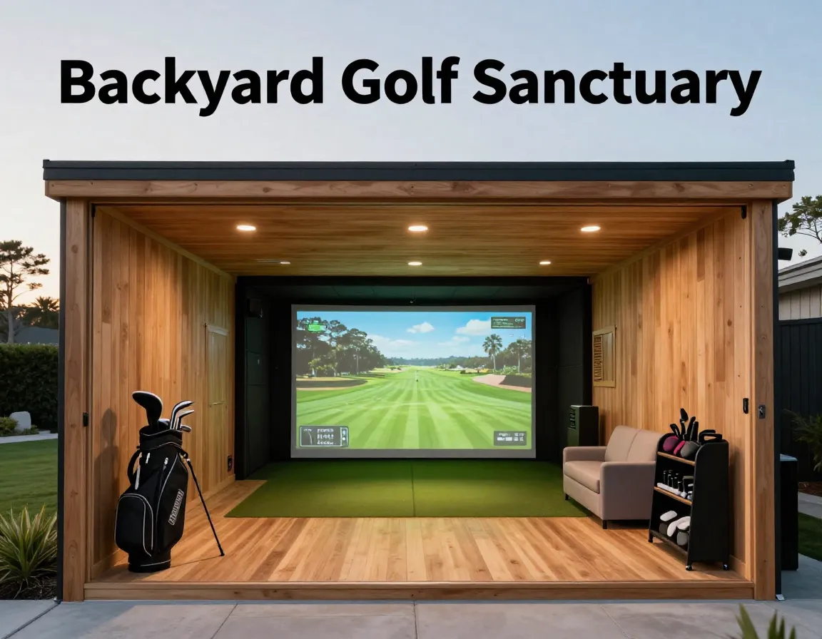 Outdoor golf simulator shed interior with screen and clubs