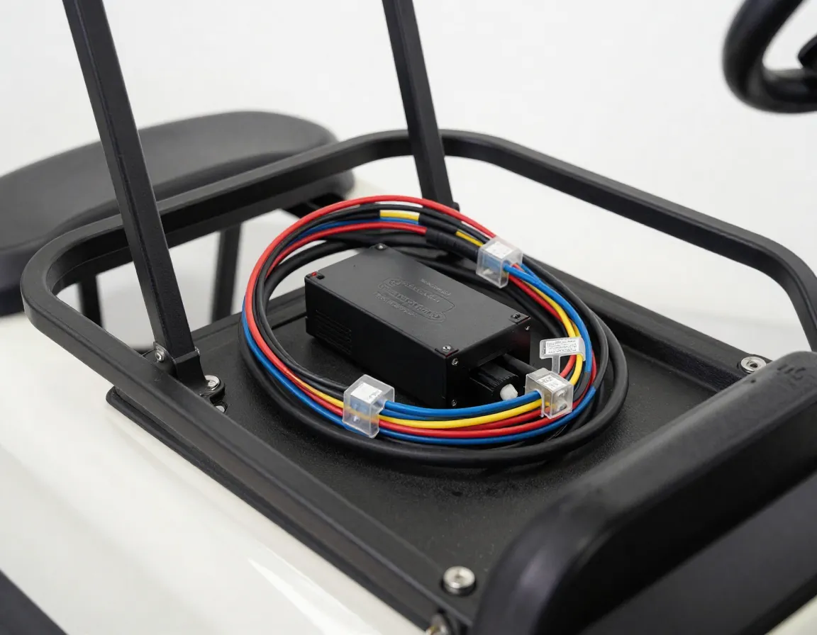 Nomad powerplate wiring system installed on denago golf cart frame