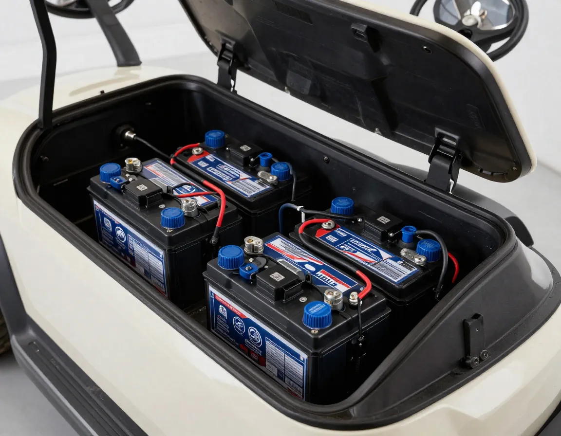 Yamaha sun classic golf cart open battery compartment with multiple batteries