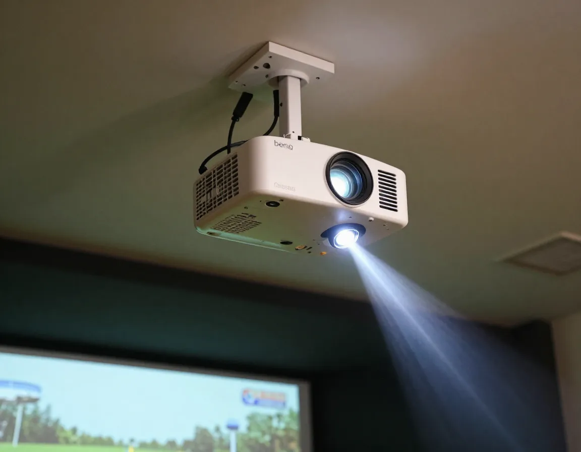 High quality projector mounted in golf simulator shed ceiling