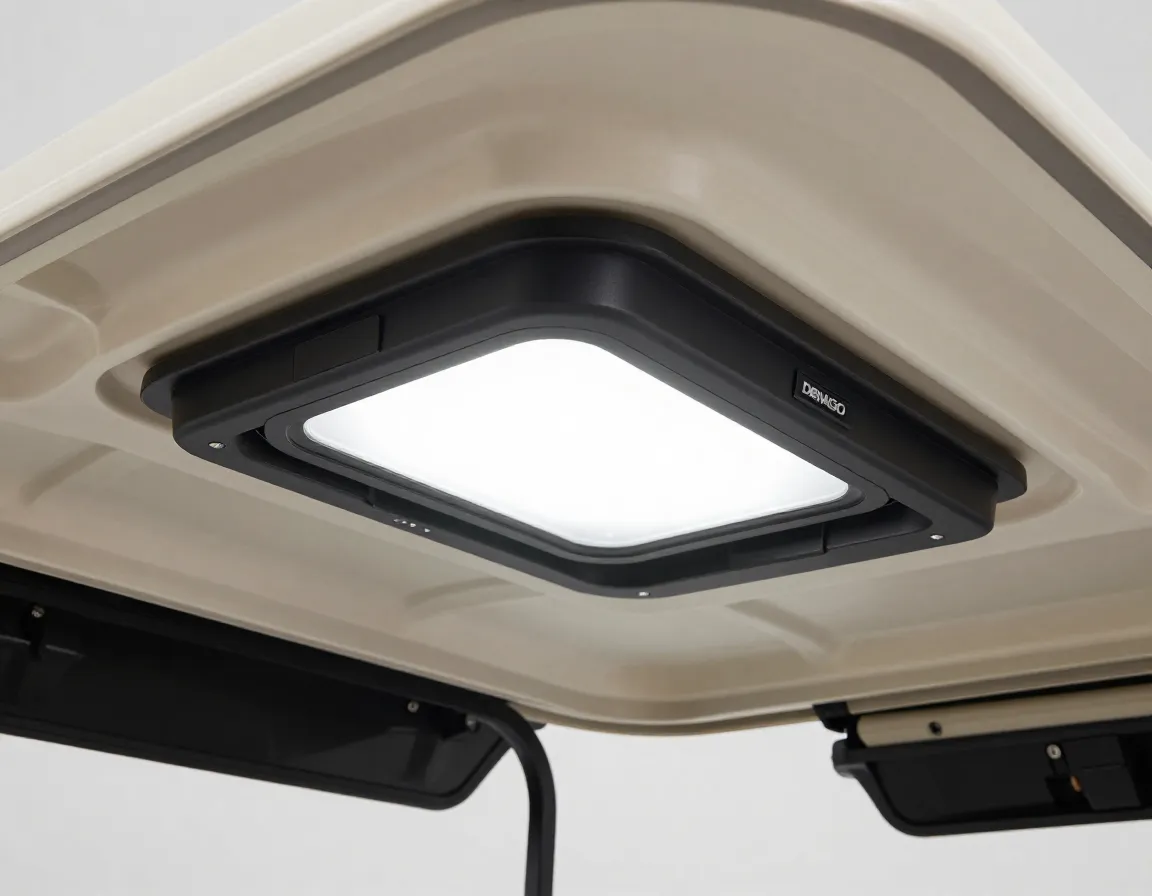 Overhead storage console with dome light in denago golf cart cabin