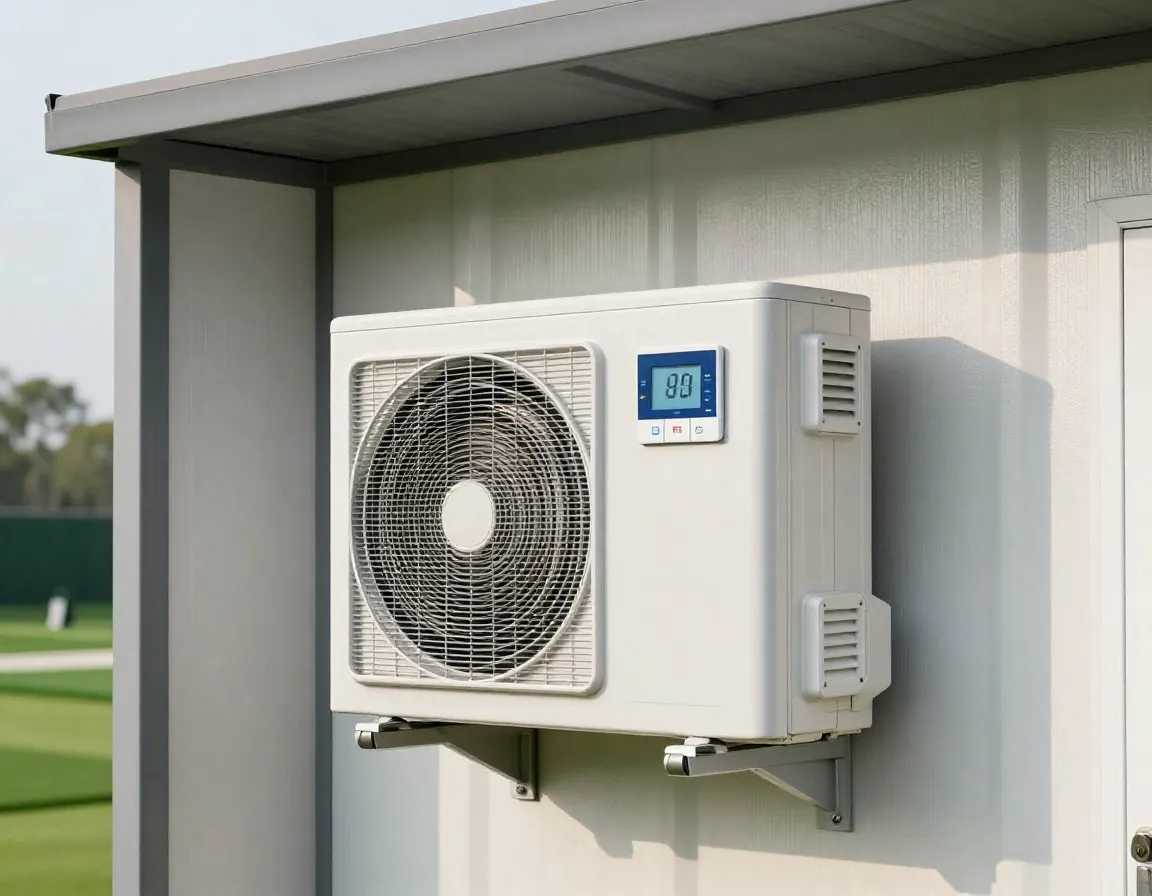 Ptac climate control unit in outdoor golf simulator shed