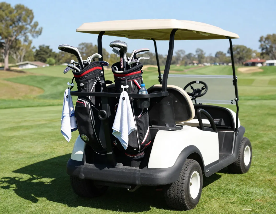 Yamaha sun classic golf cart loaded with storage items on course