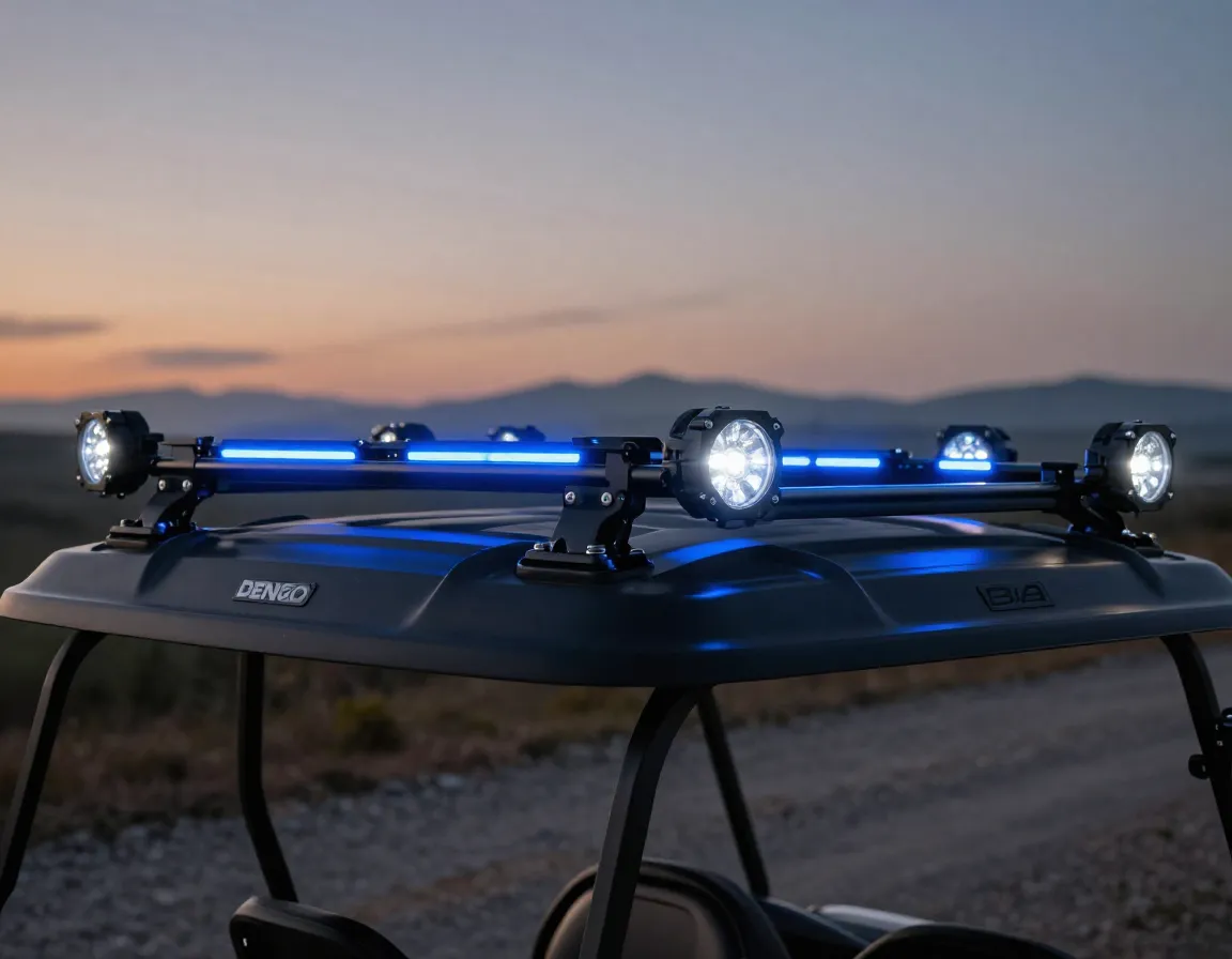 Ba roof rack with fiber optic lights on denago golf cart roof