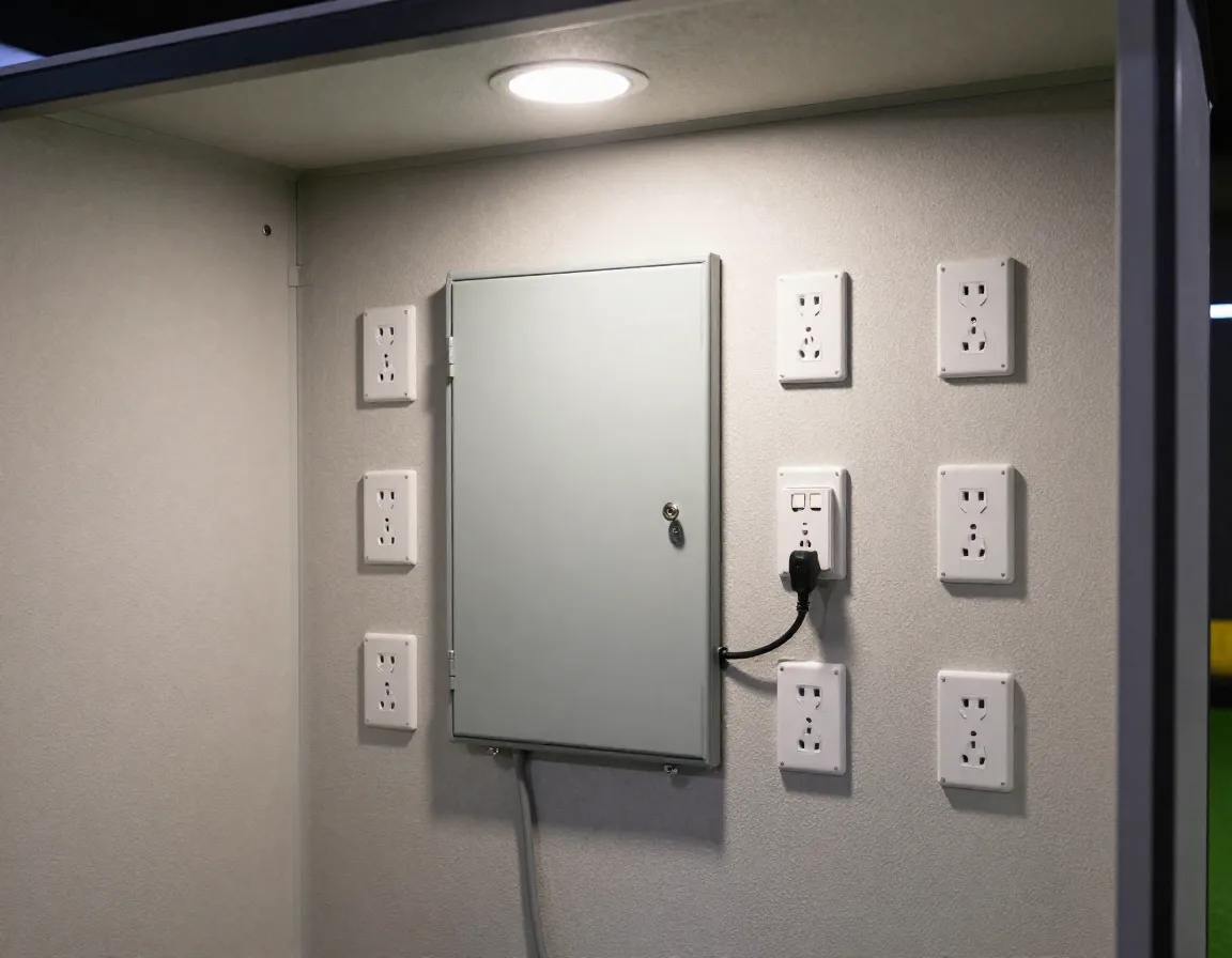 Robust electrical panel and outlets in golf simulator shed