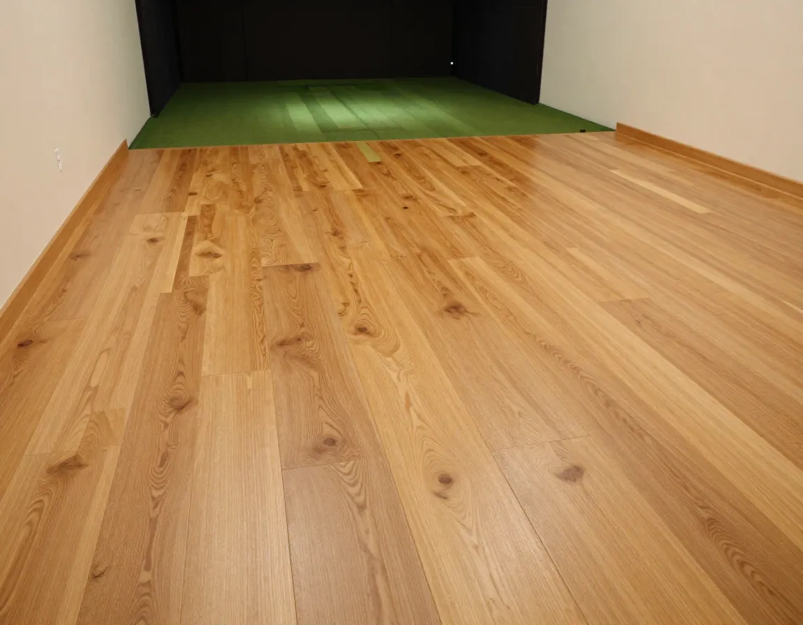 Premium wood flooring in finished golf simulator shed