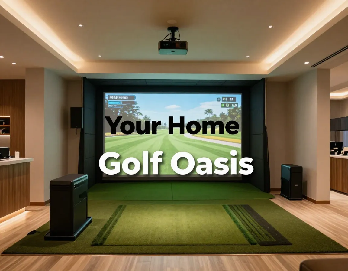 Home golf simulator basement room with impact screen launch monitor