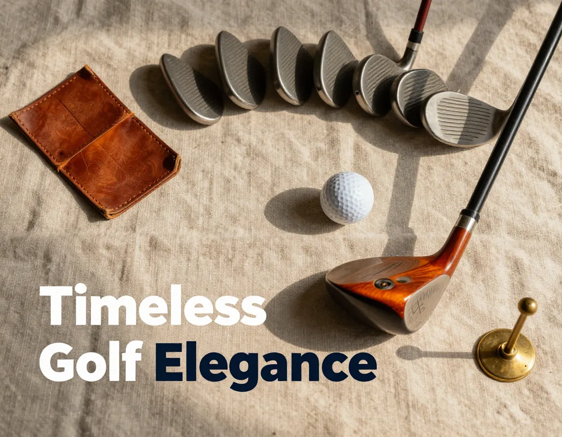 Overhead flat lay vintage golf clubs on linen with leather accessories