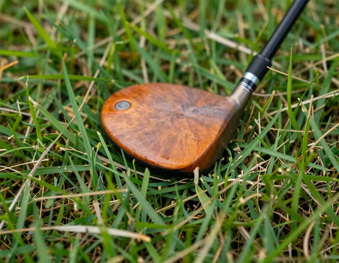 Compact vintage five wood head on tight lies in rough grass