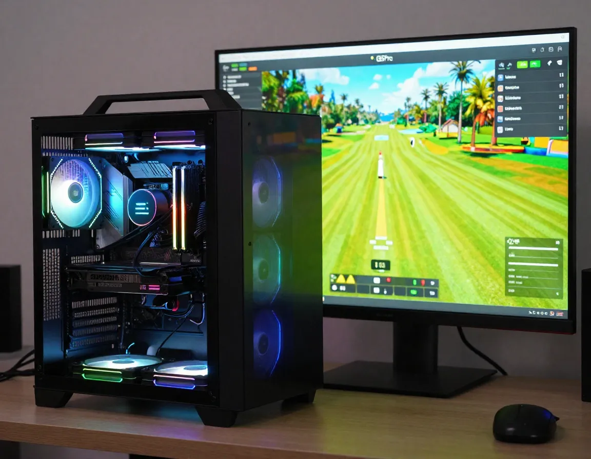 Powerful gaming computer with vibrant golf simulation software on monitor