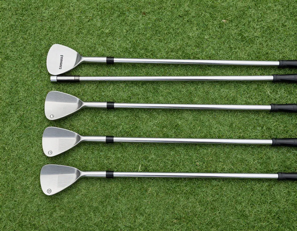 Set of vintage blade long irons arranged on a pristine green