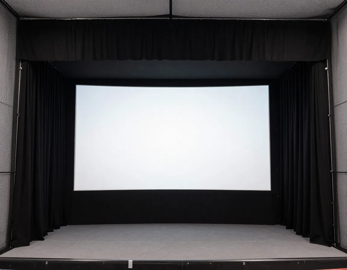 Full enclosure impact screen system with black curtains in simulator room