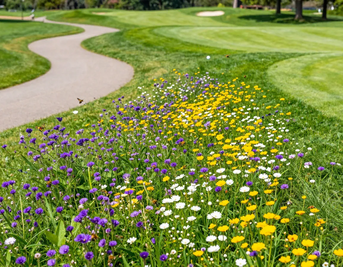 Vibrant pollinator garden meadow in golf course rough