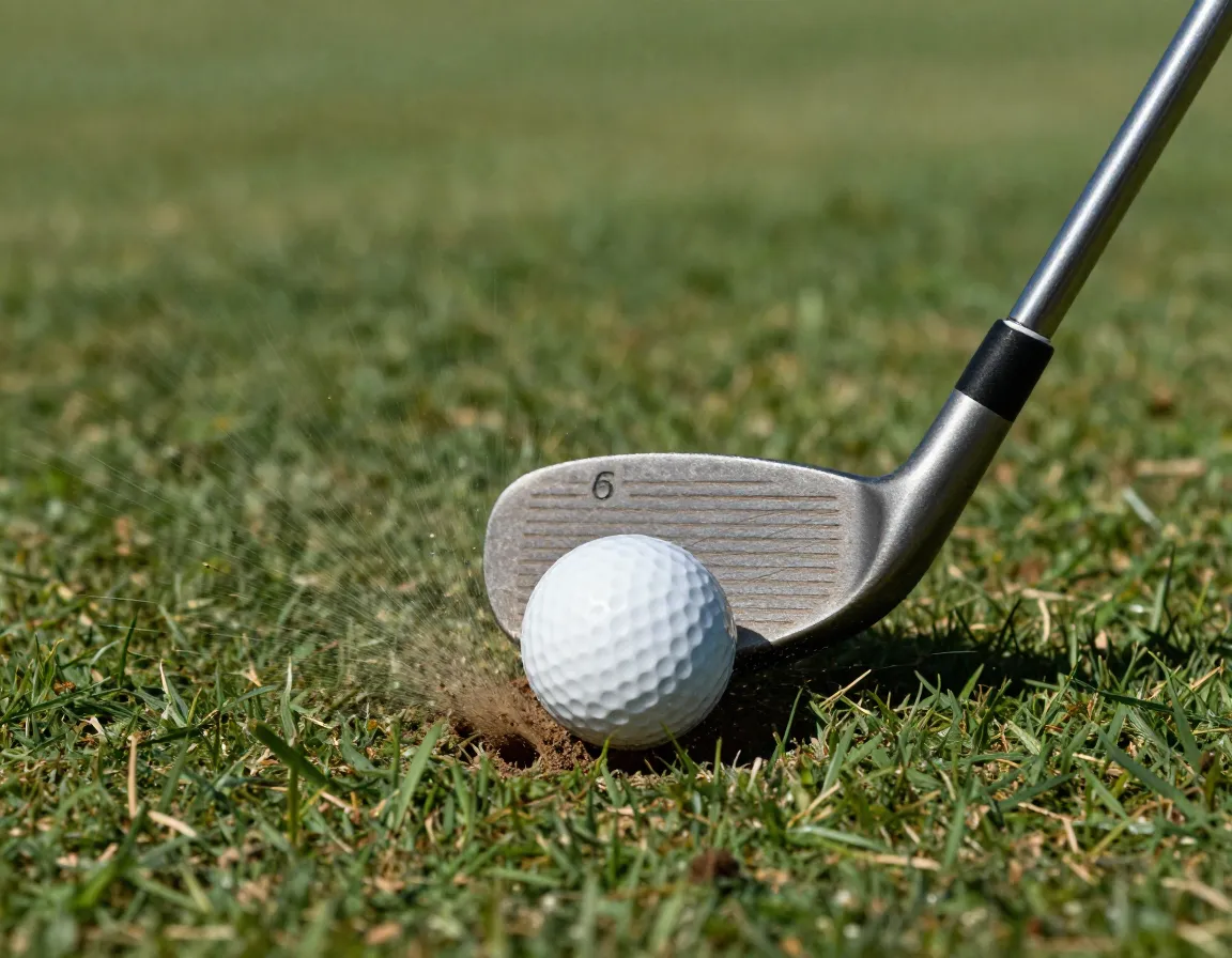 Vintage mid iron striking a golf ball with a divot