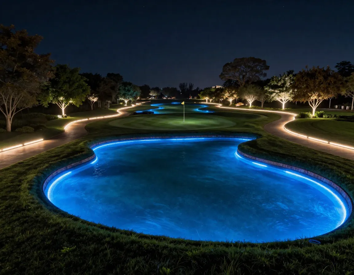 Night golf with led illuminated fairway and colorful water hazard