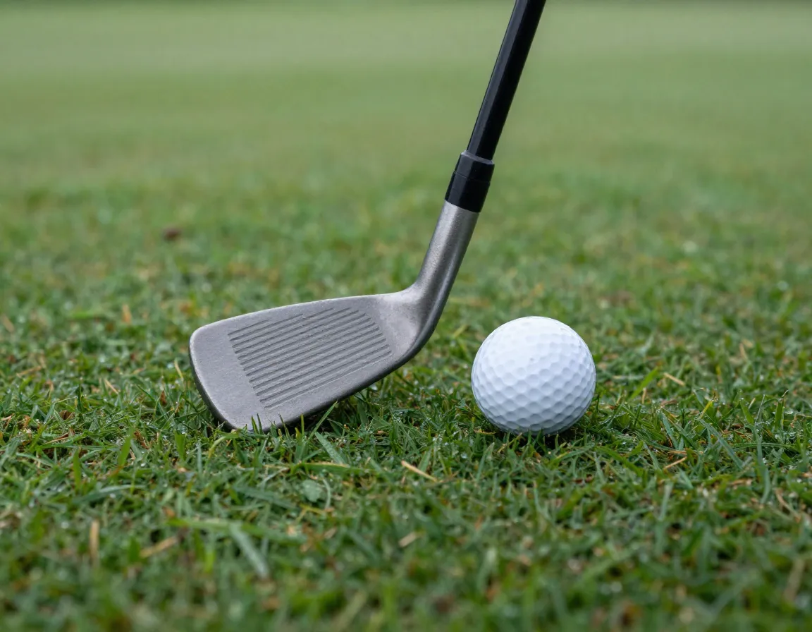 Vintage short iron blade with a golf ball on a green apron