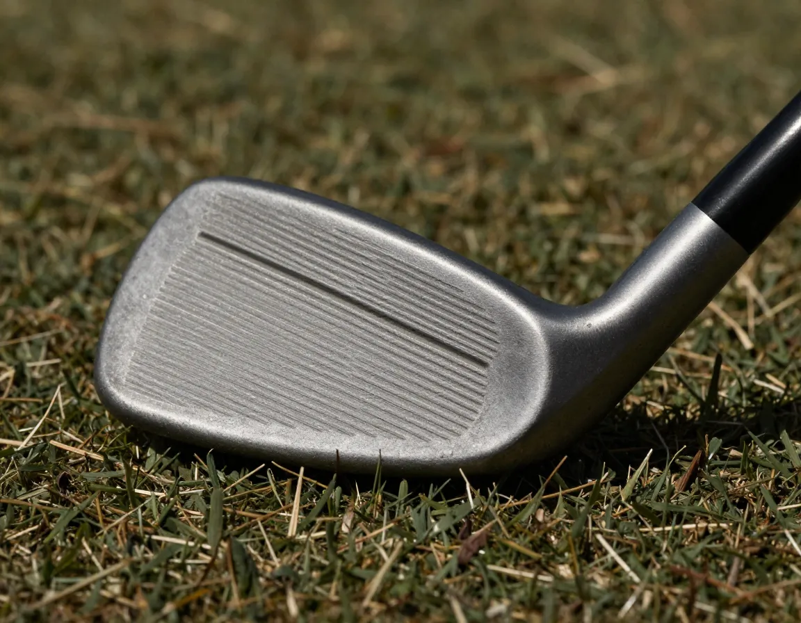 Classic pitching wedge with hand stamped face pattern on firm turf