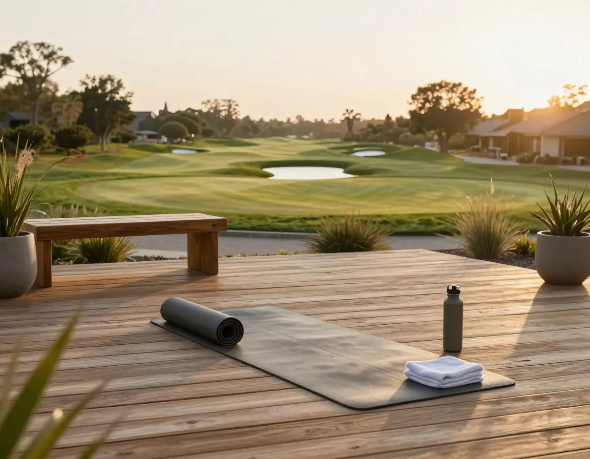 Resort golf wellness amenity yoga platform overlooking course