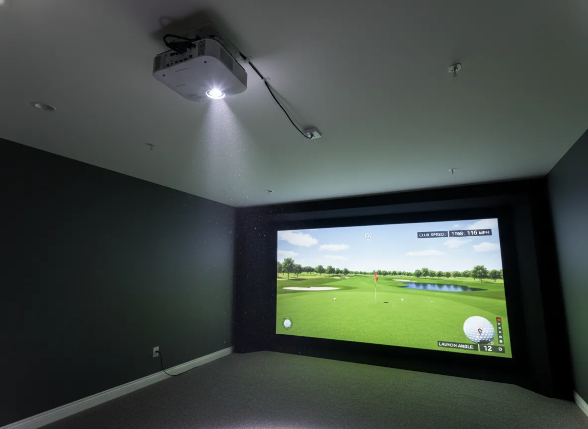 Short throw ceiling mounted projector illuminating a golf simulator screen