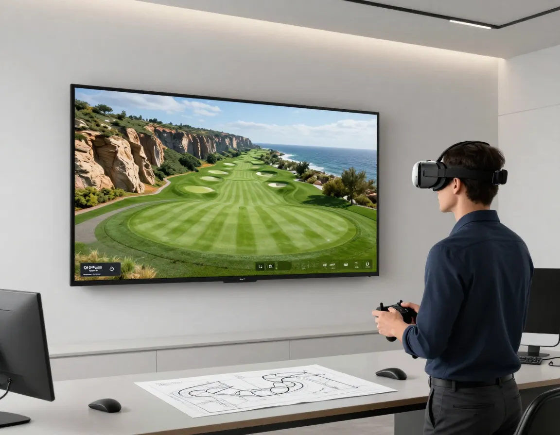 Golf architect using vr headset to preview course landscape design