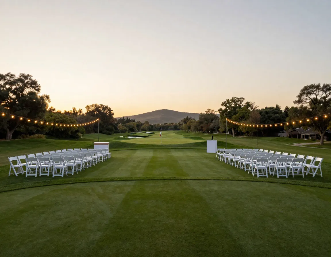 Multi use golf landscape event space with seating at dusk