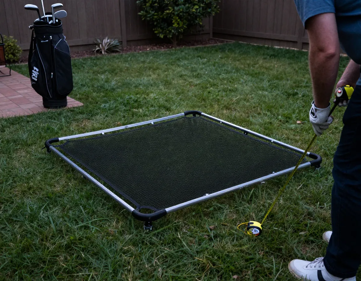 Golfer measuring space for small nets in limited backyard